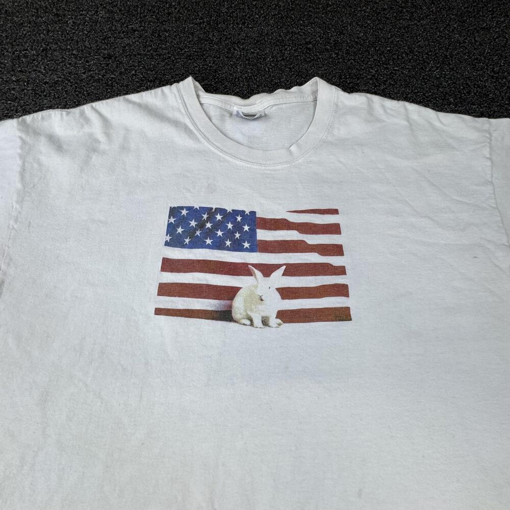 Vtg Hanes Shirt Mens XL White American Flag Bunny Graphic Crew Neck Preshrunk